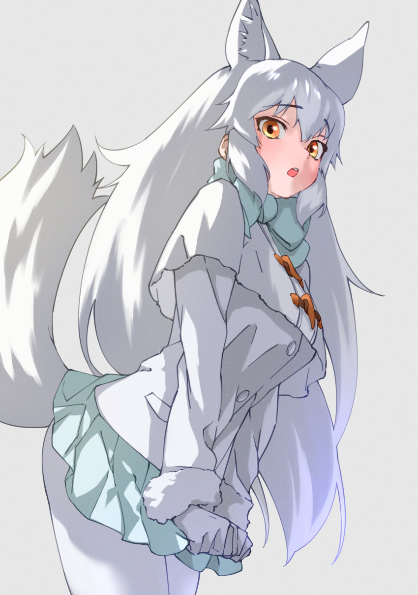 1girl :o absurdres animal_ears arctic_fox_(kemono_friends) bangs bow bowtie capelet coat commentary cowboy_shot extra_ears eyebrows_visible_through_hair fox_ears fox_girl fox_tail fur-trimmed_sleeves fur_trim grey_background hair_between_eyes highres kemono_friends long_hair long_sleeves looking_at_viewer open_mouth pantyhose pleated_skirt simple_background skirt skirt_tug solo tail tanabe_(fueisei) very_long_hair white_capelet white_coat white_legwear yellow_eyes