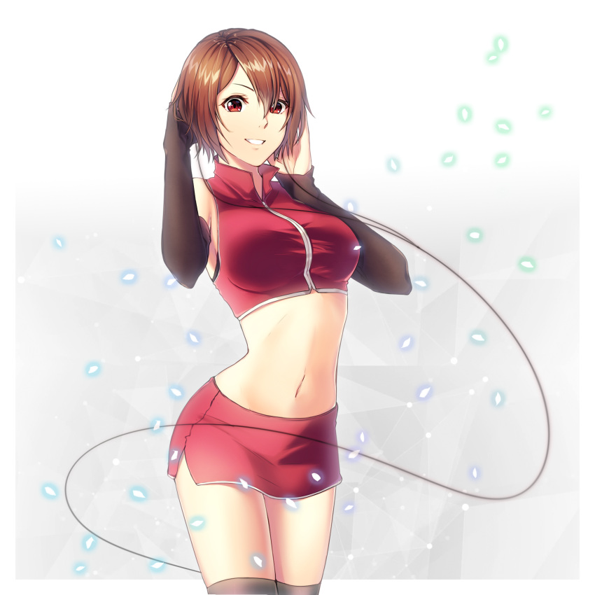 1girl breasts brown_eyes brown_hair crop_top detached_sleeves headphones headset highres large_breasts meiko midriff miniskirt navel short_hair skirt sleeveless solo thigh-highs vocaloid yen-mi