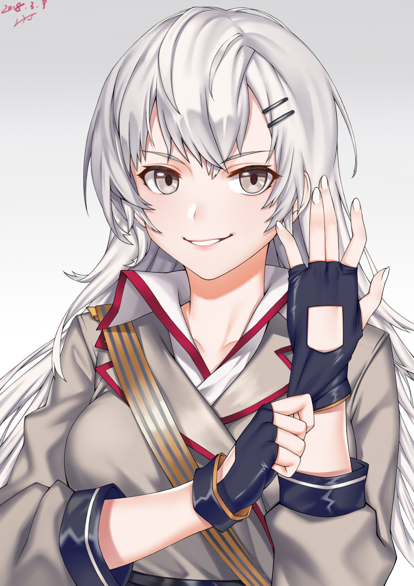 1girl absurdres bangs blush breasts collarbone collared_shirt dated eyebrows_visible_through_hair fingerless_gloves girls_frontline glove_pull gloves gradient gradient_background grey_eyes grey_jacket hair_between_eyes hair_ornament hairclip hand_up highres jacket long_hair looking_at_viewer medium_breasts shirt sidelocks signature silver_hair skirt smile solo svd_(girls_frontline) white_shirt wing_collar zui_ai_shuang_mawei