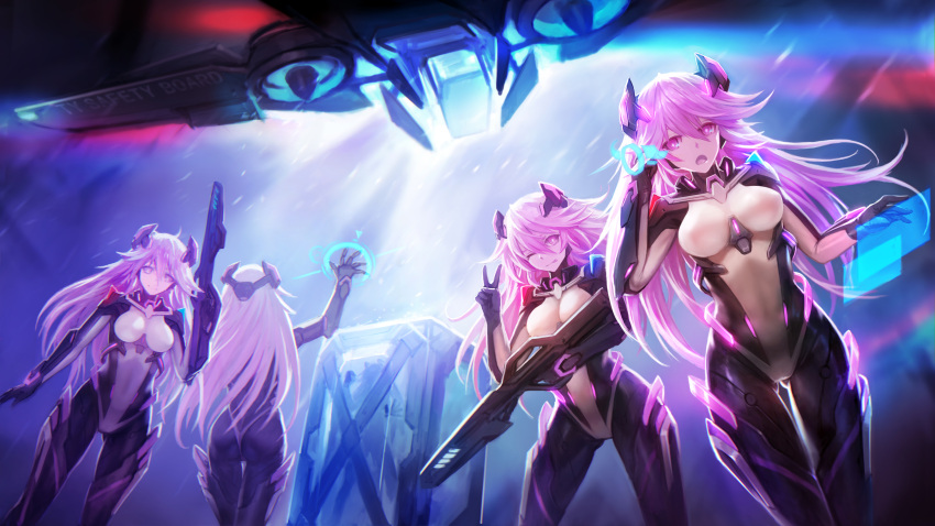 300_heroes 5girls ;p absurdres aircraft bodysuit breasts closed_mouth gun highres holographic_interface long_hair looking_at_viewer medium_breasts multiple_girls night one_eye_closed open_mouth pink_eyes pink_hair smile standing tongue tongue_out v vtol weapon zhuore_zhi_hen