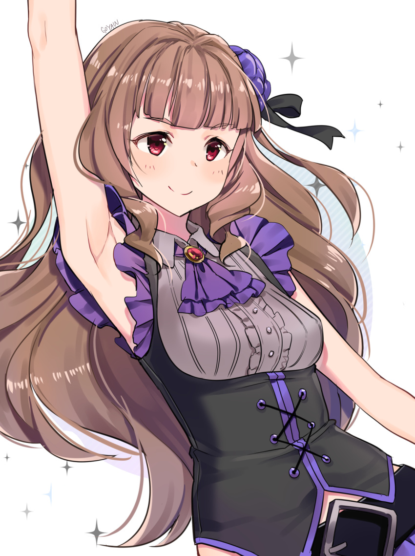 1girl arm_up armpits ascot bangs belt_buckle black_belt black_shirt blush brown_hair buckle closed_mouth commentary_request cross-laced_clothes dutch_angle eyebrows_visible_through_hair highres idolmaster idolmaster_cinderella_girls idolmaster_cinderella_girls_starlight_stage jewriel kamiya_nao long_hair purple_neckwear red_eyes shirt sleeveless sleeveless_shirt smile solo sparkle thick_eyebrows very_long_hair white_background