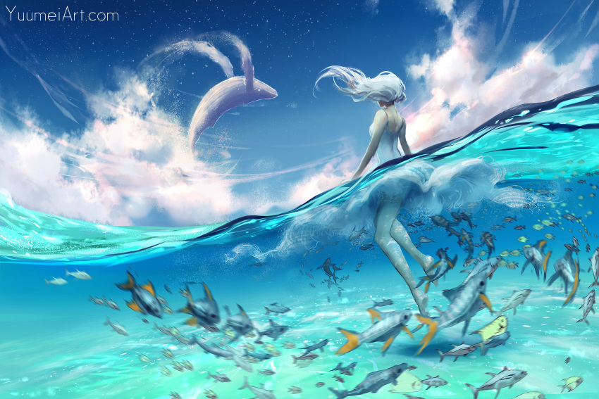 1girl blue_sky clouds commentary day fish from_behind highres long_hair motion_blur one-piece_swimsuit original partially_submerged sky solo star_(sky) starry_sky swimsuit water watermark web_address wenqing_yan whale white_hair wind