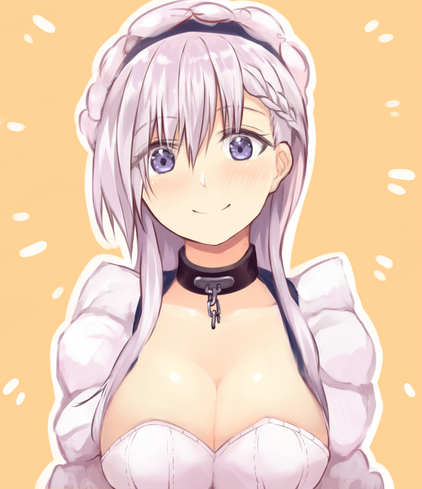 1girl azur_lane bangs belfast_(azur_lane) blush braid breasts chains cleavage collar eyebrows_visible_through_hair french_braid hair_between_eyes highres large_breasts long_hair looking_at_viewer maid maid_headdress silver_hair simple_background smile solo sukemyon upper_body violet_eyes