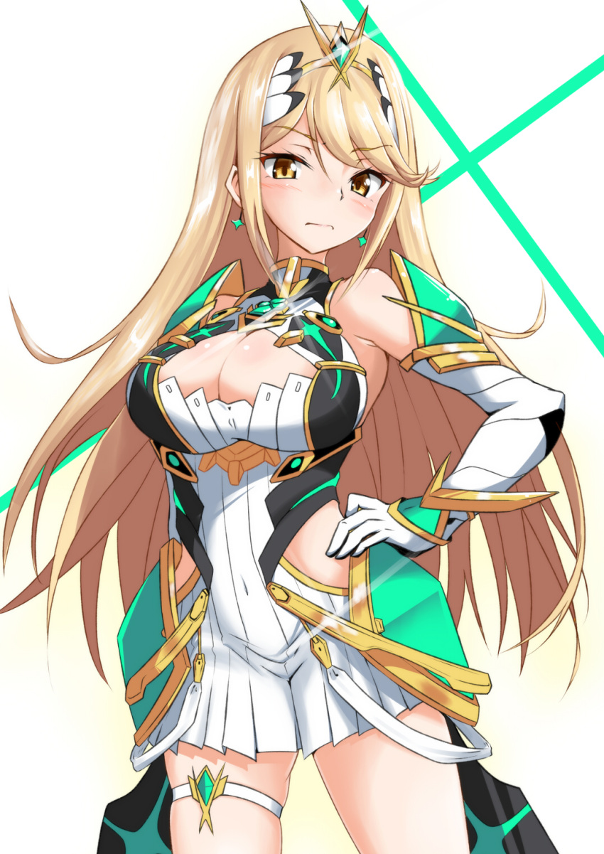 1girl blonde_hair blush breasts cleavage cleavage_cutout closed_mouth commentary_request elbow_gloves gloves hand_on_hip highres mythra_(xenoblade) long_hair looking_at_viewer medium_breasts solo standing tachi_(mtd) tiara white_gloves xenoblade xenoblade_2 yellow_eyes
