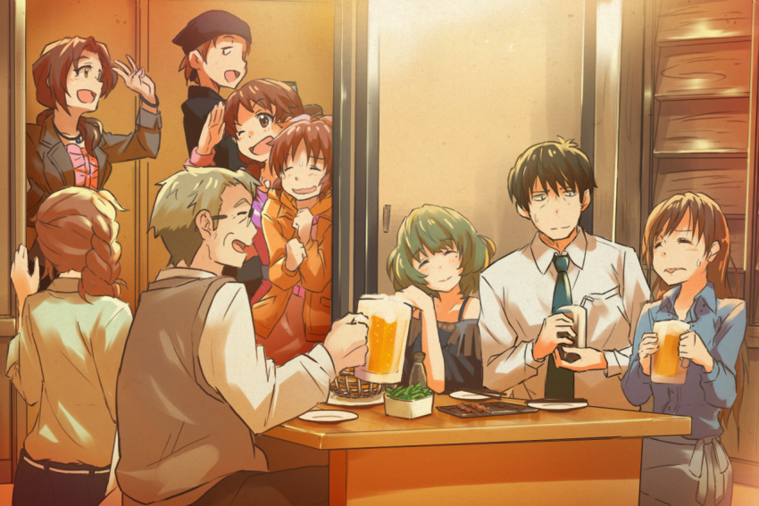 2boys 6+girls abe_nana alcohol beer beer_mug bow bracelet braid brown_eyes brown_hair closed_eyes coat collared_shirt glasses green_hair hair_bow hair_over_shoulder idolmaster idolmaster_cinderella_girls imanishi_(idolmaster) indoors jacket jewelry katagiri_sanae kawashima_mizuki laughing long_hair low_twintails marimo_(momiage) multiple_boys multiple_girls necklace necktie nitta_minami open_mouth plate ponytail producer_(idolmaster_cinderella_girls_anime) senkawa_chihiro shirt short_hair single_braid sliding_doors smile sweater_vest table takagaki_kaede twintails