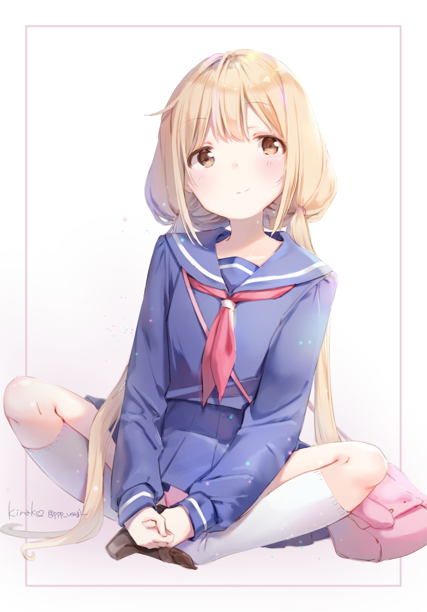 1girl artist_name blonde_hair blue_skirt closed_mouth eyebrows_visible_through_hair futaba_anzu highres idolmaster idolmaster_cinderella_girls indian_style long_hair long_sleeves looking_to_the_side pleated_skirt school_uniform serafuku shiratama_akane sitting skirt smile socks solo stuffed_animal stuffed_bunny stuffed_toy twintails yellow_eyes