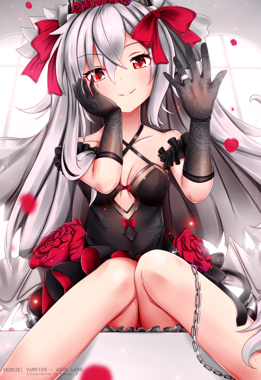 1girl arm_garter artist_name azur_lane bangs bare_shoulders black_dress black_gloves black_legwear blush breasts chains character_name cleavage cleavage_cutout closed_mouth collarbone dress dress_bow eyebrows_visible_through_hair fang fang_out floating_hair flower from_below gloves hair_between_eyes hair_ornament hair_ribbon hand_on_own_face highres jewelry knees_together_feet_apart light_particles long_hair looking_at_viewer panties petals red_eyes ribbon ring rose sidelocks silver_hair silver_wings sitting small_breasts smile solo thigh-highs tiara twintails underwear vampire_(azur_lane) very_long_hair wedding_band wind window wings yumeno_s