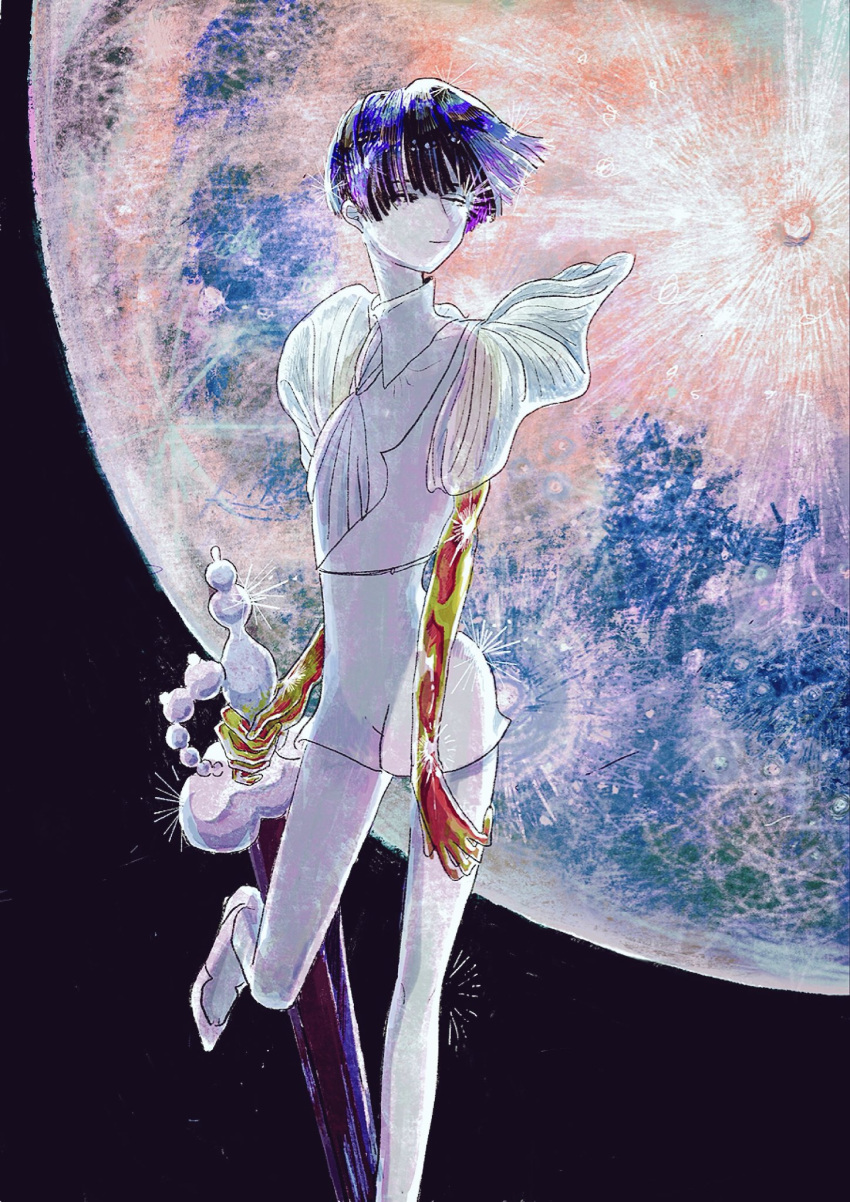 androgynous artist_request bangs blue_eyes blue_hair blunt_bangs crystal_hair full_moon gold golden_arms heterochromia highres houseki_no_kuni looking_at_viewer moon night night_sky phosphophyllite phosphophyllite_(ll) short_hair short_sleeves sky smile solo sparkle spoilers sword weapon white_eyes