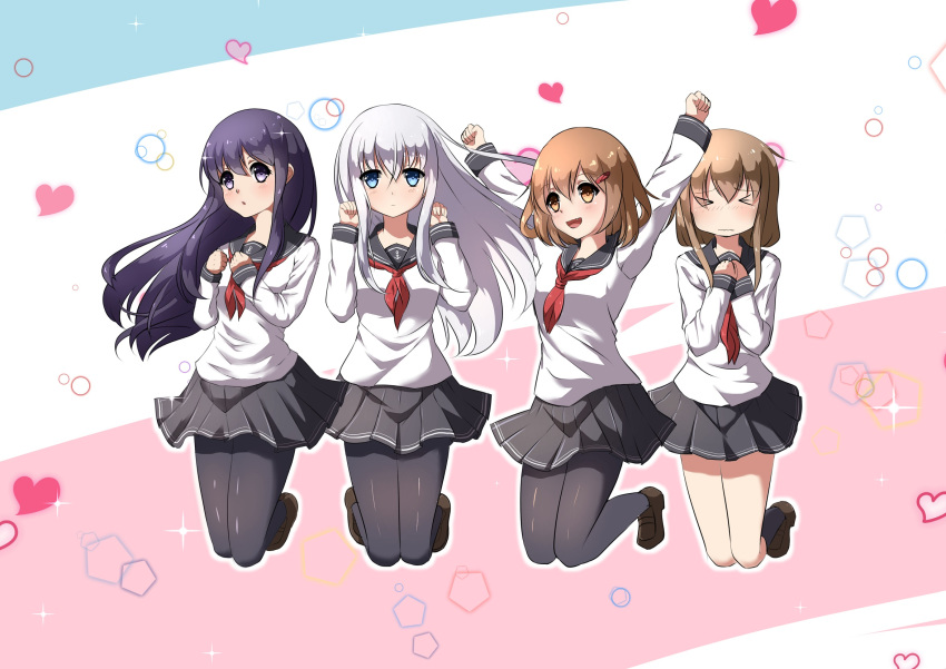 &gt;_&lt; 4girls akatsuki_(kantai_collection) anchor_symbol black_legwear blue_eyes brown_hair chahei closed_eyes expressionless fang folded_ponytail hair_ornament hairclip hands_up heart hibiki_(kantai_collection) highres ikazuchi_(kantai_collection) inazuma_(kantai_collection) jumping kantai_collection long_hair multiple_girls neckerchief open_mouth pantyhose plaid plaid_skirt pleated_skirt red_neckwear school_uniform serafuku short_hair silver_hair skirt socks violet_eyes