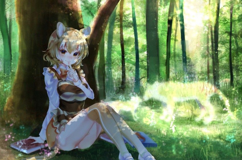 1girl absurdres animal_ears blonde_hair blush book bow bowtie brown_eyes commentary day finger_to_mouth forest grass highres kemono_friends looking_at_viewer nature noah_(noxxxmo) outdoors panties panty_peek shade shoes short_hair shushing silhouette sitting solo thigh-highs thylacine_(kemono_friends) thylacine_ears thylacine_tail tree under_tree underwear white_footwear white_panties