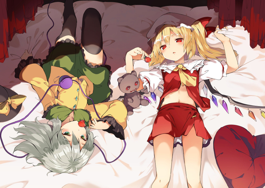 2girls ascot bare_legs bed_sheet black_hat black_legwear blonde_hair dress_shirt flandre_scarlet food frilled_sleeves frills fruit green_eyes hasebe_yuusaku hat hat_removed hat_ribbon headwear_removed heart heart_pillow highres holding holding_fruit indoors knee_up komeiji_koishi long_hair long_sleeves looking_at_viewer lying midriff miniskirt mob_cap multiple_girls on_back on_bed pillow puffy_short_sleeves puffy_sleeves red_eyes red_skirt ribbon sheet_grab shirt short_sleeves side_ponytail silver_hair skirt strawberry stuffed_toy thigh-highs third_eye touhou white_hat wings yellow_neckwear