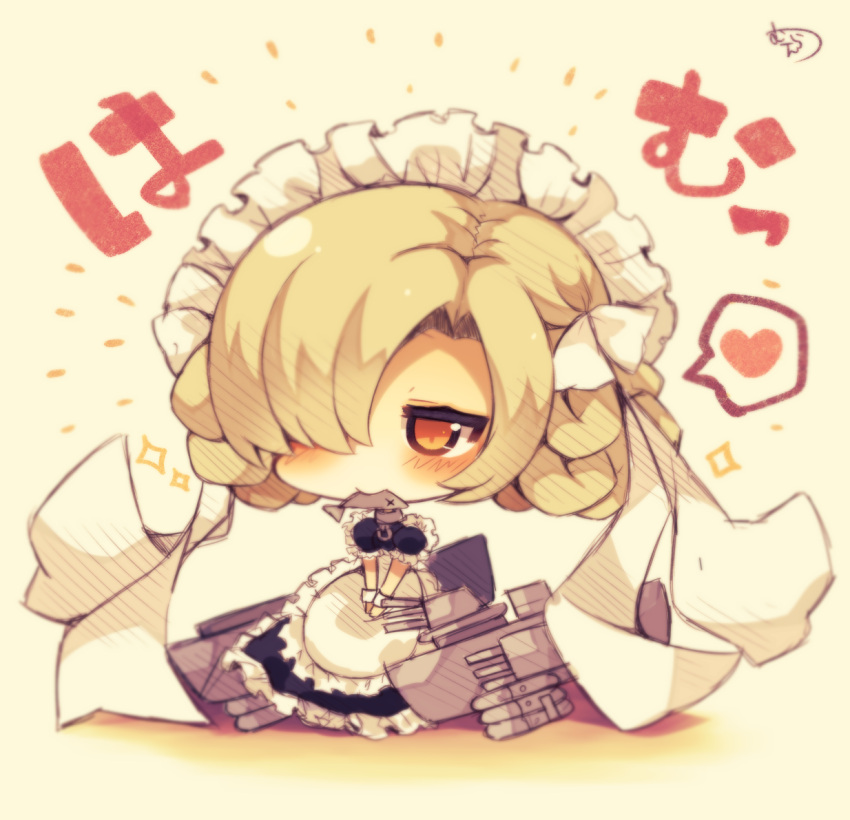 1girl apron azur_lane black_dress blonde_hair blush braid chibi dress fish food_in_mouth frilled_apron frilled_dress frills full_body hair_over_one_eye heart looking_at_viewer maid maid_headdress mouth_hold muuran orange_eyes puffy_short_sleeves puffy_sleeves sheffield_(azur_lane) short_sleeves signature solo spoken_heart waist_apron white_apron wrist_cuffs x_x