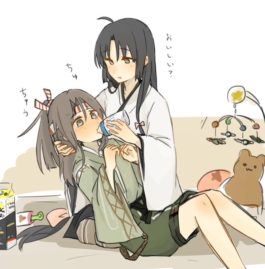 2girls ahoge baby_bottle black_hair blush bottle brown_hair hachimaki headband hibari_(horse809cat) high_ponytail highres japanese_clothes kantai_collection light_brown_hair long_hair low-tied_long_hair multiple_girls pacifier ponytail rattle shouhou_(kantai_collection) stuffed_animal stuffed_toy teddy_bear translation_request yuri zuihou_(kantai_collection)