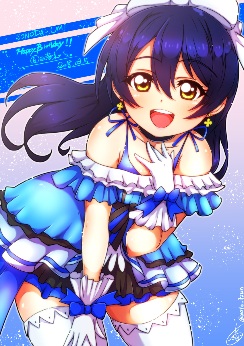 1girl absurdres bangs birthday blue_dress blue_hair blush bow character_name commentary_request cowboy_shot dated dress earrings eyebrows_visible_through_hair gloves hair_between_eyes hair_bow hair_ornament happy_birthday highres jewelry kira-kira_sensation! long_hair looking_at_viewer love_live! love_live!_school_idol_project open_mouth smile solo sonoda_umi thigh-highs wata_tsun white_gloves white_legwear yellow_eyes