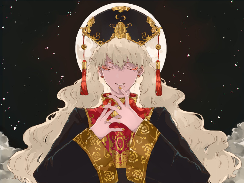 1girl artist_request bangs black_dress blonde_hair chinese_clothes closed_eyes clouds dress earrings eyeshadow full_moon highres jewelry junko_(touhou) long_hair long_sleeves makeup moon nail_polish night night_sky parted_lips sky smile solo star_(sky) starry_sky tabard touhou