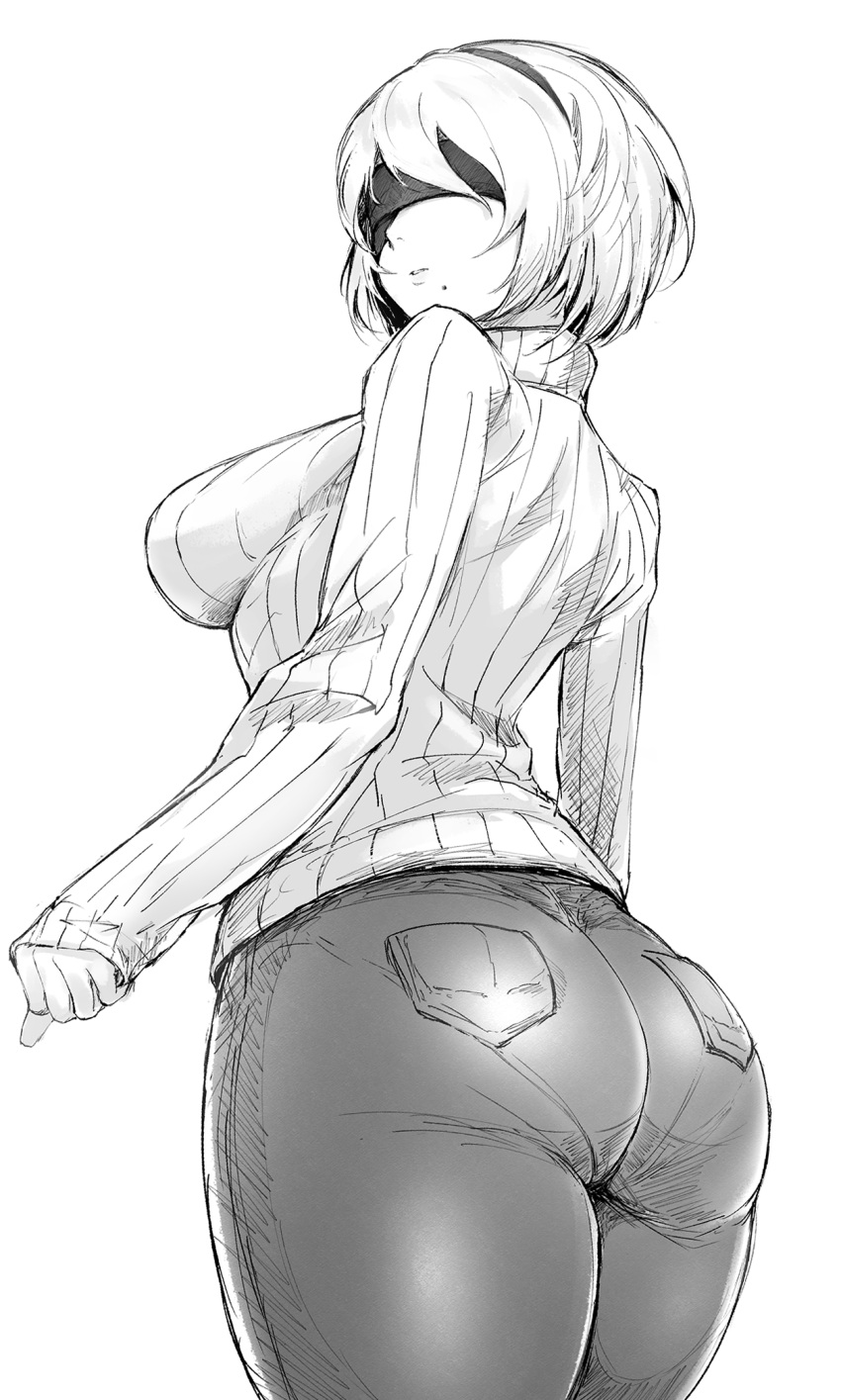 1girl arms_at_sides ass back bangs blindfold breasts casual commentary_request cowboy_shot denim facing_viewer from_behind hairband highres hips hometa jeans large_breasts long_sleeves looking_back medium_breasts mole mole_under_mouth monochrome nier_(series) nier_automata nose pants parted_lips pocket ribbed_sweater short_hair simple_background sleeves_past_wrists solo standing sweater teeth thick_thighs thighs turtleneck turtleneck_sweater white_background yorha_no._2_type_b
