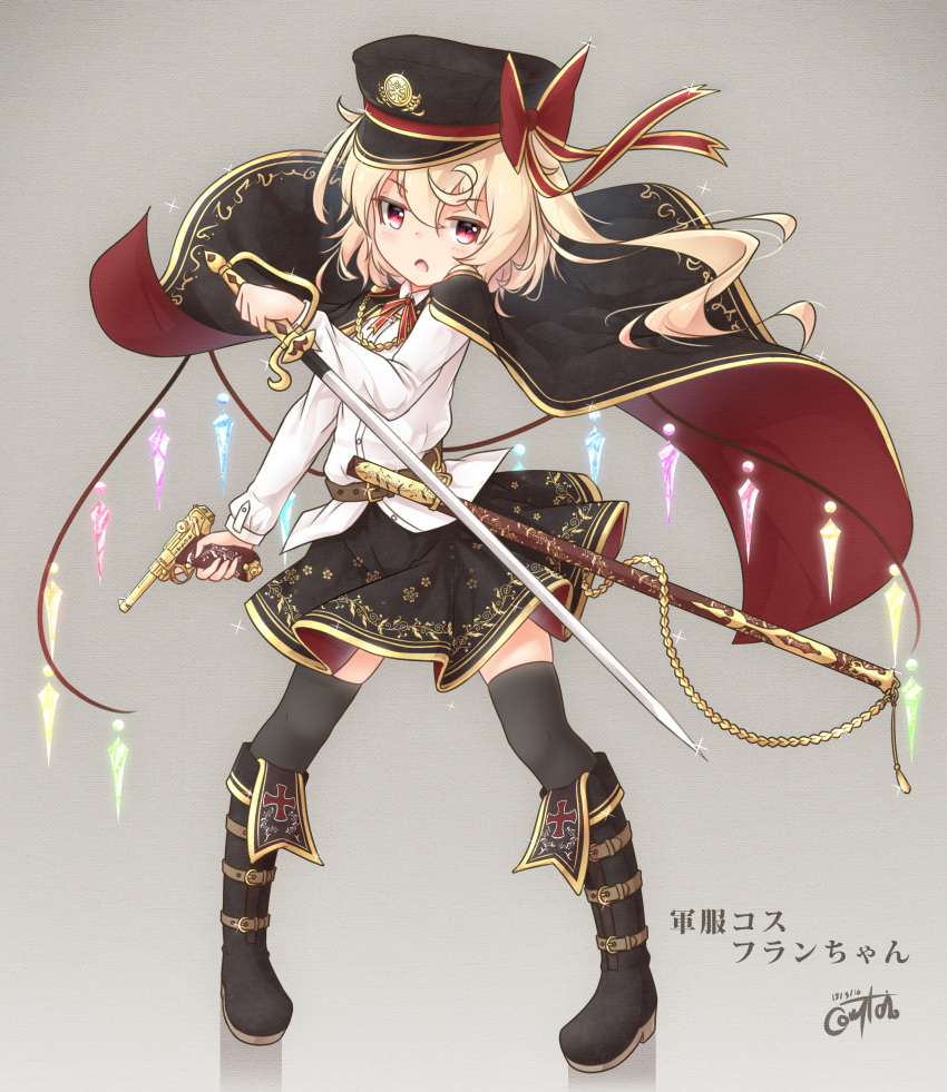 1girl :o absurdres bangs belt_buckle black_cape black_footwear black_hair black_hat black_legwear blonde_hair blush boots brown_belt buckle cape commentary_request coreytaiyo crystal dated dress_shirt eyebrows_visible_through_hair flandre_scarlet full_body grey_background gun hair_between_eyes handgun hat highres holding holding_sword holding_weapon iron_cross knee_boots looking_at_viewer luger_p08 military_hat multicolored multicolored_cape multicolored_clothes open_mouth peaked_cap red_cape red_eyes sheath shirt side_ponytail signature simple_background solo standing sword thigh-highs touhou translation_request unsheathed weapon white_shirt wings
