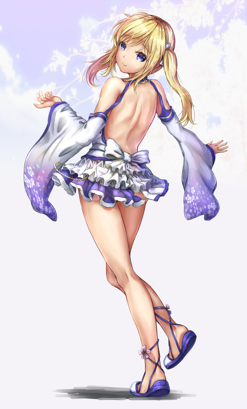 1girl absurdres bare_back blonde_hair blue_eyes closed_mouth commentary detached_collar detached_sleeves eyebrows_visible_through_hair fii_fii_(feefeeowo) full_body highres long_hair looking_at_viewer no_panties original side_ponytail smile solo standing