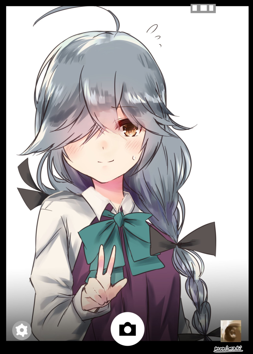 1girl ahoge black_ribbon braid cellphone cellphone_camera flying_sweatdrops grey_hair hair_over_one_eye hair_ribbon hamanami_(kantai_collection) highres kantai_collection long_hair long_sleeves looking_at_viewer momiji_(103) phone phone_screen ribbon school_uniform shirt simple_background single_braid smile solo v white_background white_shirt