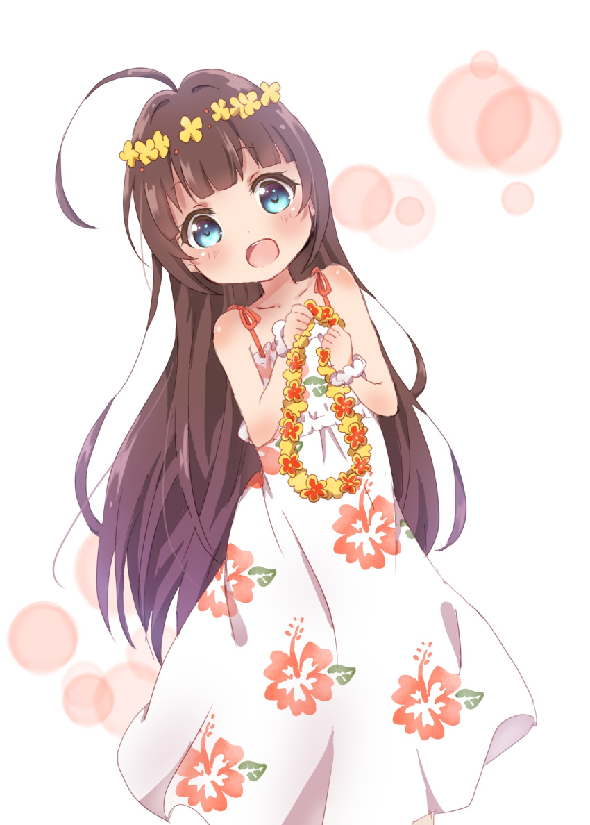 1girl ahoge alternate_hairstyle blue_eyes blush brown_hair dress head_wreath highres hinatsuru_ai long_hair looking_at_viewer mearian open_mouth print_dress ryuuou_no_oshigoto! sleeveless sleeveless_dress solo white_dress