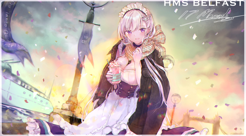 :d apron azur_lane bangs belfast_(azur_lane) birthday blush braid breasts chains character_name cleavage confetti corset cup dated dutch_angle eyebrows_visible_through_hair food french_braid frilled_apron frills gloves highres holding holding_food large_breasts looking_at_viewer maid maid_apron maid_headdress open_mouth scarf silver_hair smile tsunano_(koi_pink) violet_eyes white_apron white_gloves