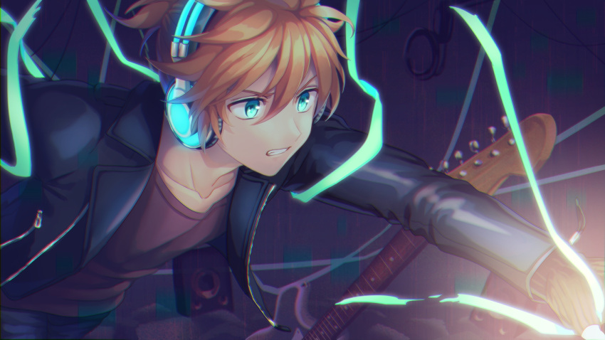 1boy akiyoshi_(tama-pete) alternate_costume aqua_eyes blonde_hair blue_eyes casual clenched_teeth determined fingerless_gloves gloves glowing guitar headphones instrument jacket kagamine_len leather leather_jacket outstretched_arm shirt short_hair short_ponytail solo t-shirt teeth vocaloid