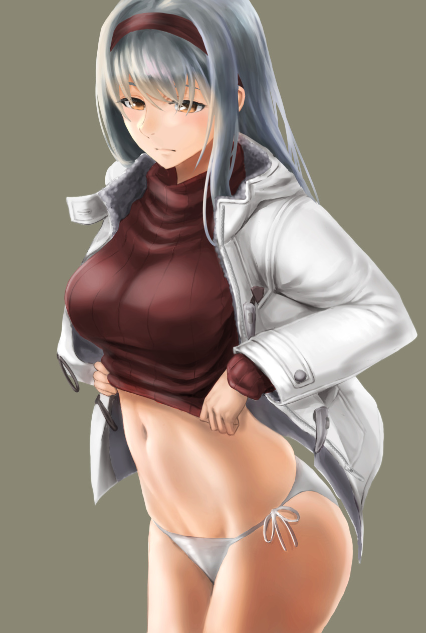 1girl absurdres alternate_costume bangs brown_eyes closed_mouth clothes_lift coat expressionless fur-trimmed_coat fur_trim hair_between_eyes headband highres kantai_collection kokuzoo long_hair long_sleeves looking_away navel open_clothes open_coat panties ribbed_sweater shoukaku_(kantai_collection) side-tie_panties sidelocks skindentation solo stomach sweater sweater_lift thighs underwear white_coat white_hair white_panties zipper