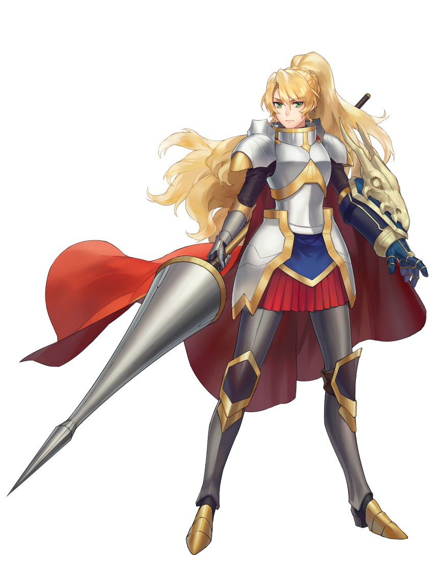 1girl absurdres alicetaria_february armor armored_boots artist_request blonde_hair boots cape eyebrows_visible_through_hair gauntlets green_eyes grimace highres holding holding_weapon lance looking_at_viewer luna_princess pauldrons polearm ponytail re:creators skirt solo standing weapon