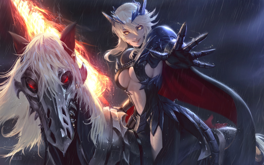 1girl armor artoria_pendragon_(all) artoria_pendragon_(lancer_alter) blonde_hair breasts cape cleavage evil_smile fate/grand_order fate_(series) flaming_weapon glowing glowing_eyes horse lance large_breasts looking_at_viewer polearm raikoart rain reaching_out red_eyes riding smile weapon yellow_eyes