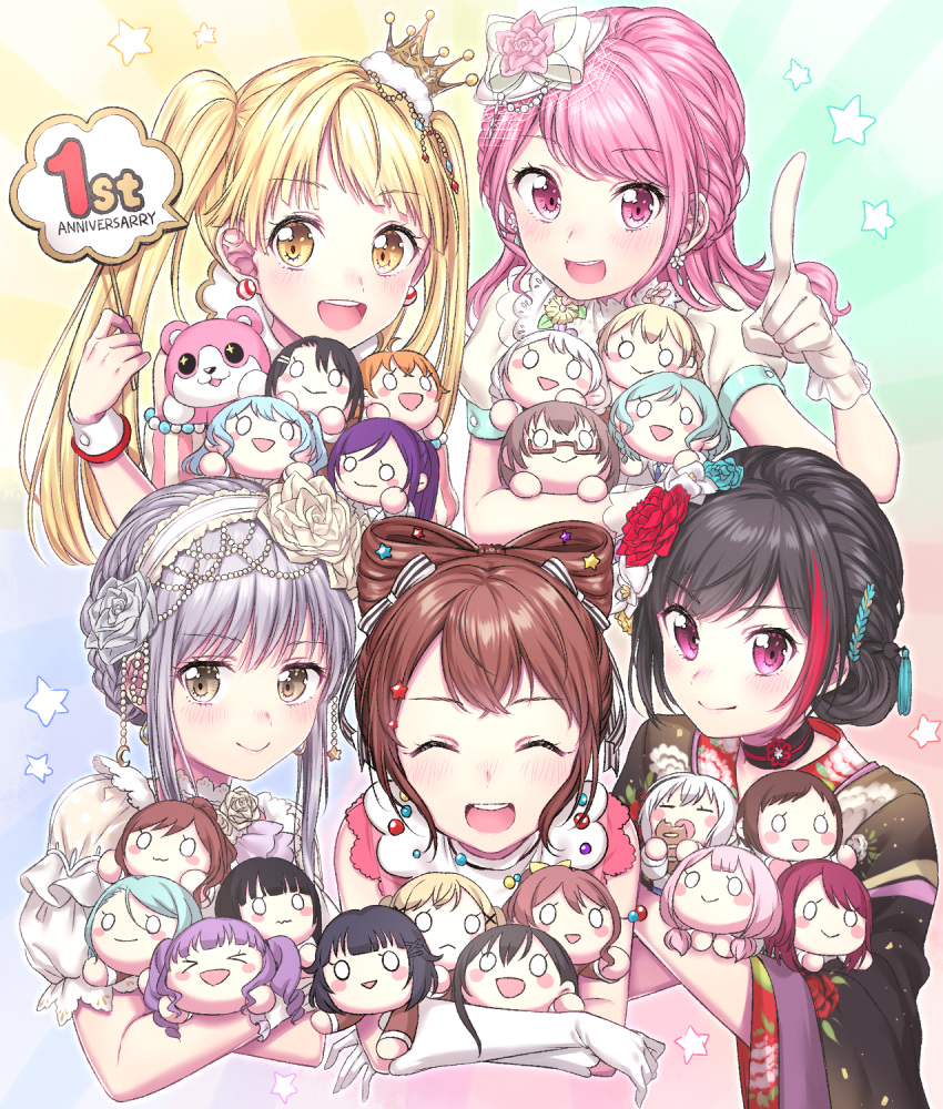 5girls :d ^_^ afterglow_(bang_dream!) alternate_hairstyle anniversary aoba_moca bang_dream! bangs black_hair blonde_hair bow bow_by_hair braid brown_hair character_doll closed_eyes crown doll earrings flower flower_earrings french_braid gloves grey_eyes hair_bow hair_flower hair_ornament hair_ribbon hair_up hairband hanazono_tae hazawa_tsugumi hello_happy_world! highlights highres hikawa_hina hikawa_sayo holding holding_doll ichigaya_arisa imai_lisa index_finger_raised japanese_clothes jewelry kimono kitazawa_hagumi long_hair looking_at_viewer maruyama_aya matsubara_kanon michelle_(bang_dream!) minato_yukina mini_crown mitake_ran multicolored_hair multiple_girls o_o okusawa_misaki open_mouth pastel_palettes pink_hair poppin'party redhead ribbon rose roselia_(bang_dream!) seta_kaoru shirasagi_chisato shirokane_rinko short_hair short_sleeves sidelocks silver_hair smile star star_hair_ornament stuffed_animal stuffed_toy teddy_bear toyama_kasumi tsurumaki_kokoro twintails udagawa_ako udagawa_tomoe uehara_himari umeno_(shio1205) ushigome_rimi violet_eyes wakamiya_eve white_flower white_gloves white_rose wrist_cuffs yamabuki_saaya yamato_maya