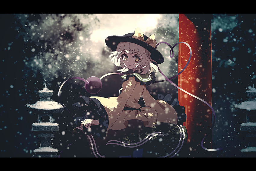 1girl black_hat blouse blurry blurry_background bow collar collared_blouse cowboy_shot dise dress frilled_collar frilled_dress frills hat hat_bow heart heart_of_string komeiji_koishi letterboxed long_sleeves parted_lips short_hair skirt snowing solo stone_lantern third_eye touhou white_hair wide_sleeves yellow_blouse yellow_bow
