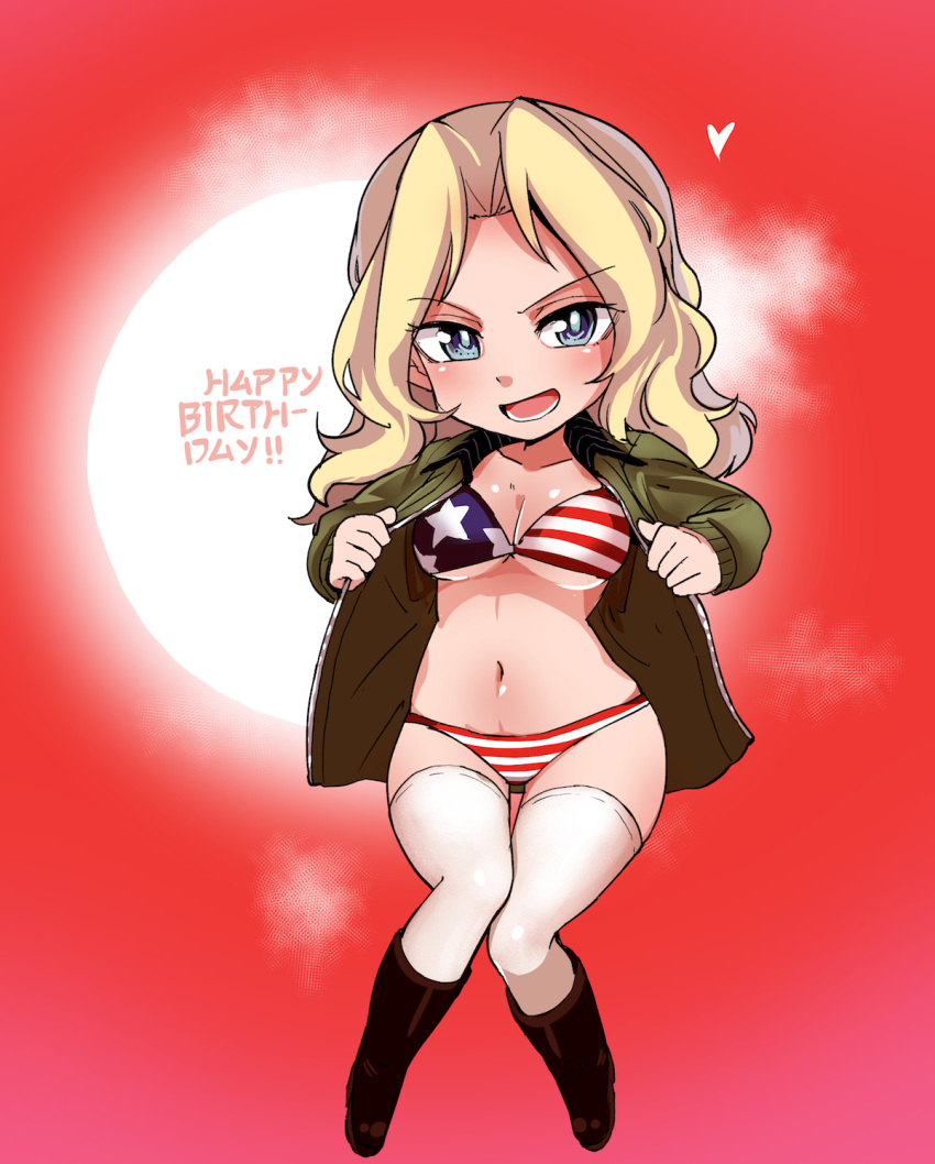 1girl american_flag_bikini aomushi_(mushamusha) bikini black_legwear blonde_hair blue_eyes boots breasts brown_jacket cleavage english eyebrows_visible_through_hair flag_print full_body girls_und_panzer hair_intakes happy_birthday heart highres jacket kay_(girls_und_panzer) knee_boots long_hair looking_at_viewer medium_breasts military military_uniform navel no_pants open_clothes open_jacket open_mouth red_skirt saunders_military_uniform sitting skirt smile solo swimsuit thigh-highs undressing uniform white_legwear