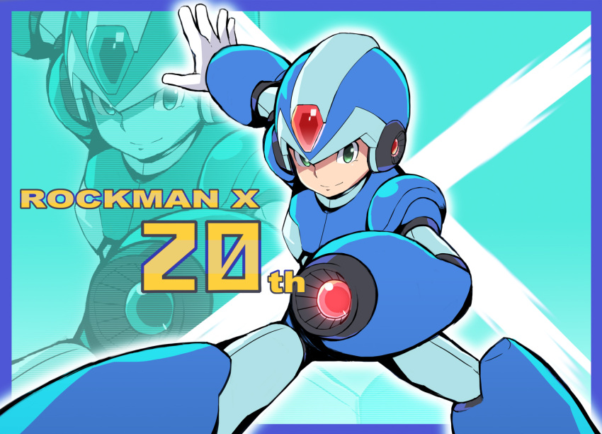 1boy 2013 android anniversary arm_cannon blue_background capcom copyright_name gloves green_eyes helmet male_focus rockman rockman_x smile solo text tonami_kanji weapon white_gloves