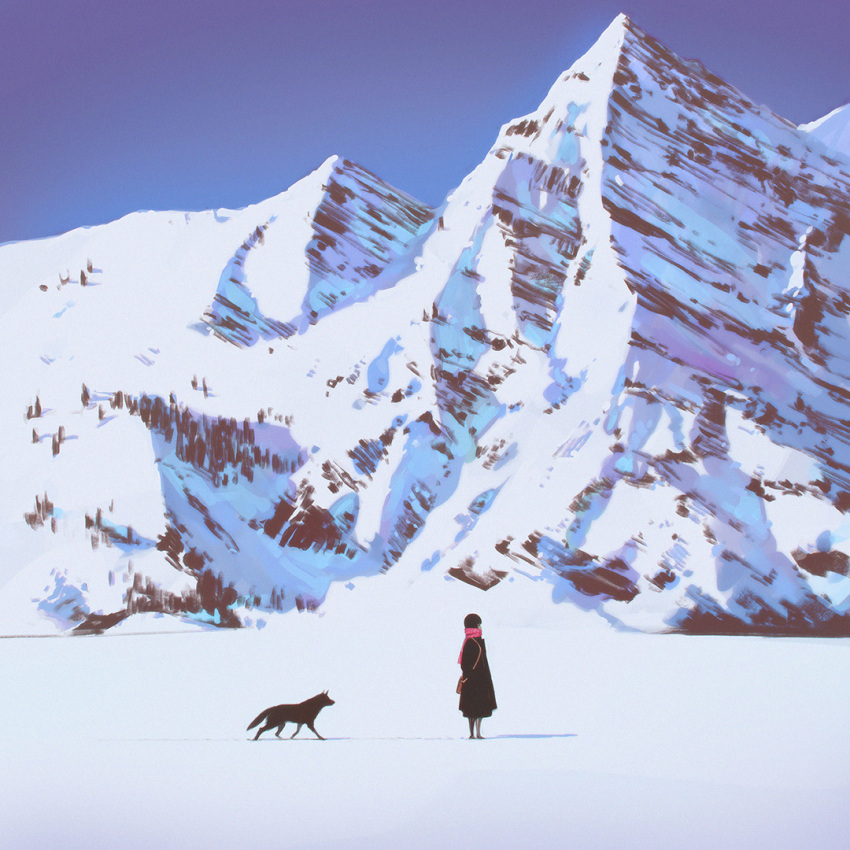 1girl animal black_hair blue_sky coat ilya_kuvshinov mountain original outdoors scarf sky snow solo standing