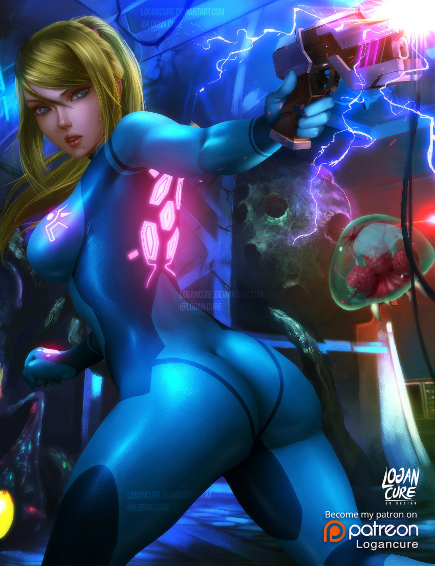 ass blonde_hair blue_bodysuit bodysuit gun handgun high_ponytail highres logan_cure long_hair looking_at_viewer metroid metroid_(creature) mole mole_under_mouth nintendo patreon ponytail samus_aran shiny shiny_clothes skin_tight super_smash_bros. video_game weapon zero_suit