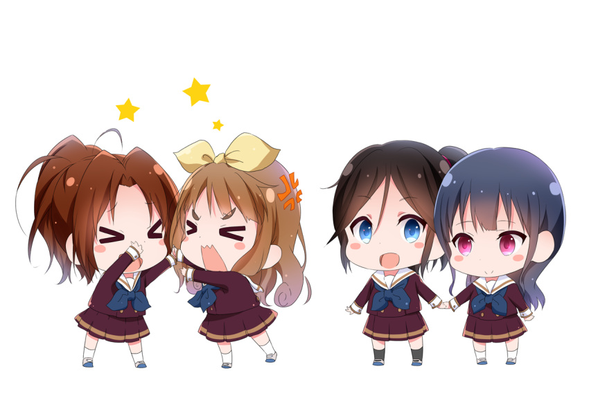 &gt;_&lt; 4girls anger_vein black_hair black_legwear blonde_hair blue_eyes blush_stickers brown_hair brown_shirt brown_skirt chibi hand_holding hibike!_euphonium kasaki_nozomi komugiko long_hair long_sleeves multiple_girls nakagawa_natsuki open_mouth pleated_skirt ponytail red_eyes school_uniform serafuku shirt skirt skirt_set socks star white_background white_legwear yoroizuka_mizore yoshikawa_yuuko