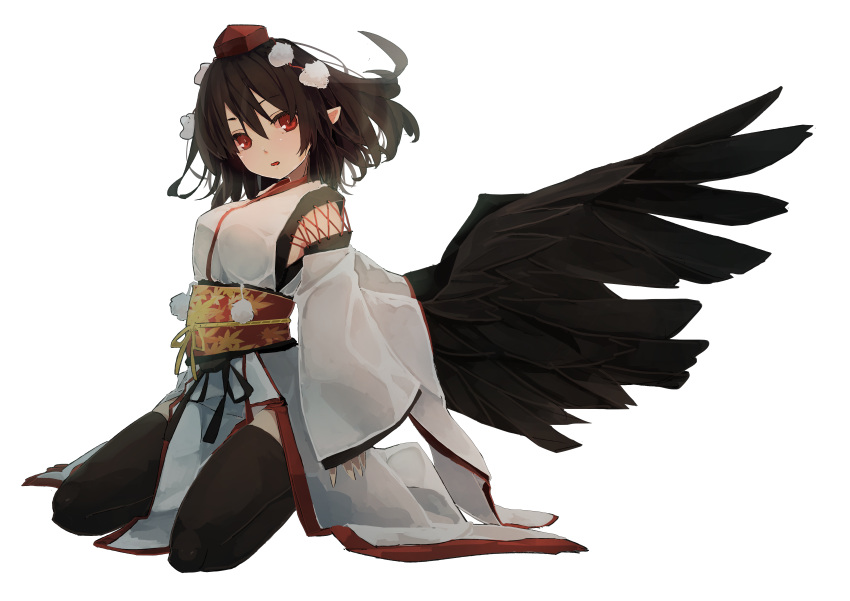 1girl :o absurdres arms_at_sides bangs black_hair black_wings commentary_request feathered_wings full_body futatsuki_eru hair_between_eyes hat highres japanese_clothes kimono kourindou_tengu_costume loincloth long_sleeves looking_at_viewer obi open_mouth pointy_ears pom_pom_(clothes) red_eyes red_hat sash shameimaru_aya short_hair solo tokin_hat touhou transparent_background white_kimono wide_sleeves wings