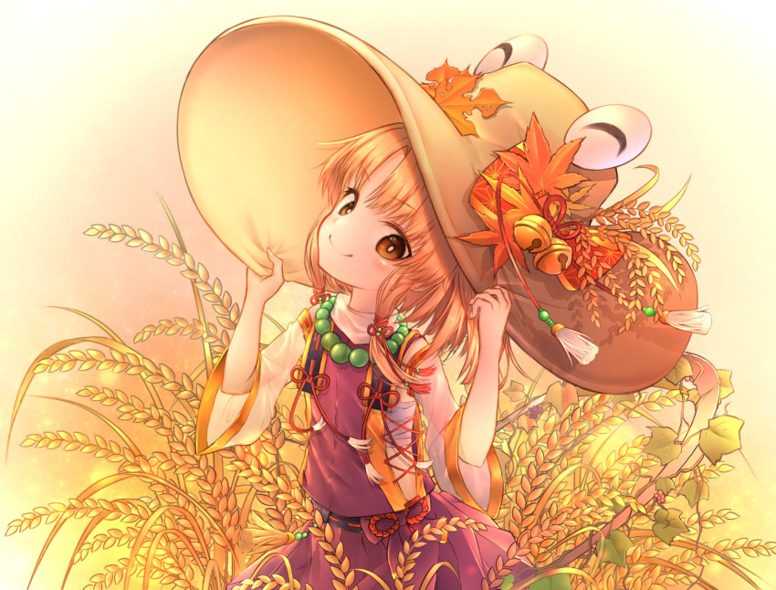1girl adapted_costume alternate_costume bangs bead_necklace beads big_hat blonde_hair commentary detached_sleeves hair_ornament hair_ribbon hands_on_headwear hat hat_leaf hat_ornament highres hito_komoru jewelry looking_at_viewer moriya_suwako necklace purple_shirt purple_skirt ribbon rope sarashi see-through shirt short_hair skirt smile solo touhou wheat wide_sleeves yellow_eyes