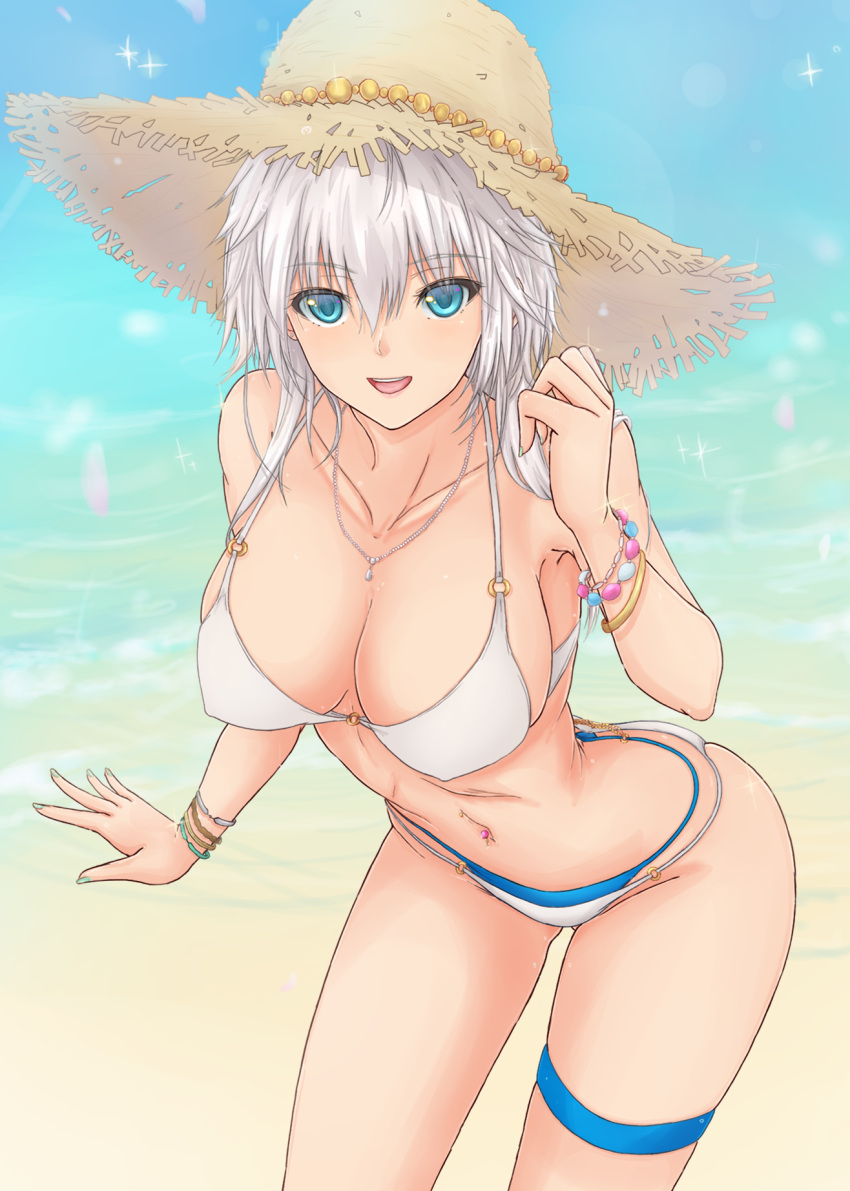 1girl alternate_costume ass bare_shoulders beach bikini blue_eyes breasts cleavage commentary_request contemporary cowboy_shot eyebrows_visible_through_hair gluteal_fold graphite_(medium) hair_between_eyes hair_down hat highres izayoi_sakuya large_breasts looking_at_viewer mechanical_pencil mickey_dunn midriff navel navel_piercing o-ring o-ring_bikini o-ring_top open_mouth pencil piercing sand short_hair sideboob silver_hair skindentation straw_hat swimsuit thigh_strap thighs touhou traditional_media water white_bikini
