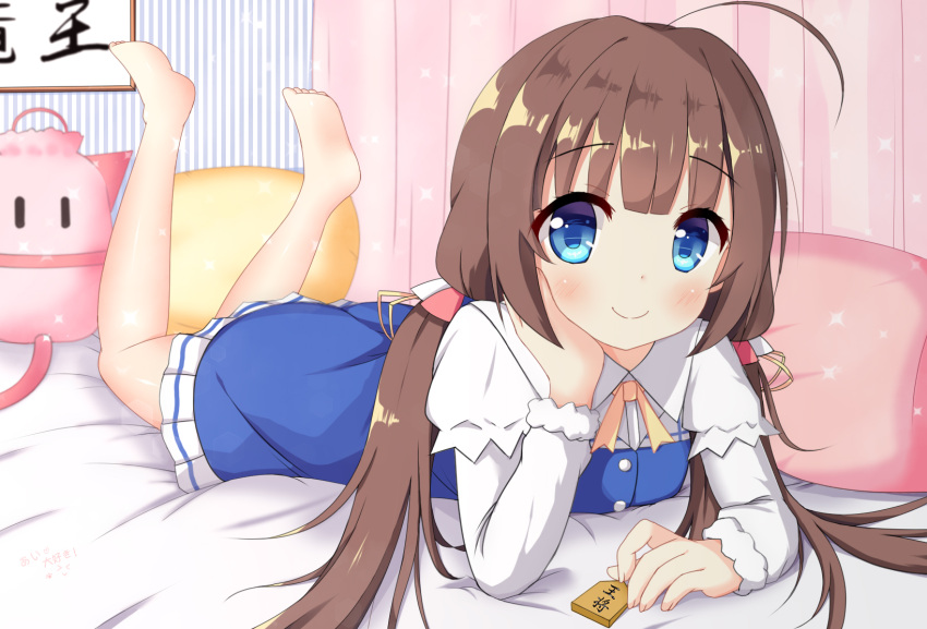 1girl ahoge arm_support bangs barefoot bed blue_dress blue_eyes blush board_game brown_hair closed_mouth commentary_request dress eyebrows_visible_through_hair fingernails highres hinatsuru_ai legs_up long_hair long_sleeves looking_at_viewer low_twintails lying on_bed on_stomach pillow puffy_short_sleeves puffy_sleeves ryuuou_no_oshigoto! school_uniform short_over_long_sleeves short_sleeves shougi sidelocks smile solo sparkle twintails very_long_hair xiaosamiao