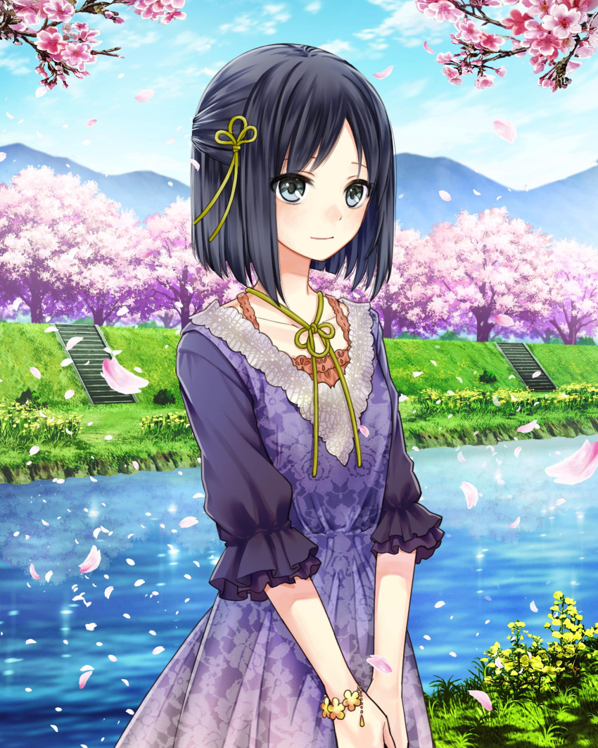 1girl absurdres black_hair blue_sky bracelet cherry_blossoms clouds collarbone day dress floral_print flower green_ribbon grey_eyes hair_ribbon hands_together highres jewelry kishida_mel looking_at_viewer outdoors petals pink_flower purple_dress ribbon river school_fanfare short_hair sky smile solo stairs standing tree
