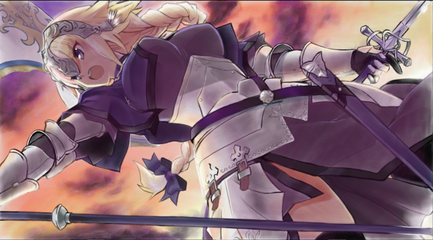 1girl armor armored_dress bangs belt belt_buckle black_legwear bow braid breasts brown_belt buckle clouds dress dutch_angle fate/apocrypha fate_(series) flag hair_bow hanabusa_(xztr3448) headpiece highres holding holding_flag holding_sword holding_weapon jeanne_d'arc_(fate) jeanne_d'arc_(fate)_(all) legs_apart long_hair medium_breasts open_mouth outdoors outstretched_arm purple_bow purple_dress single_braid solo standing sword teeth thigh-highs twilight violet_eyes weapon zettai_ryouiki