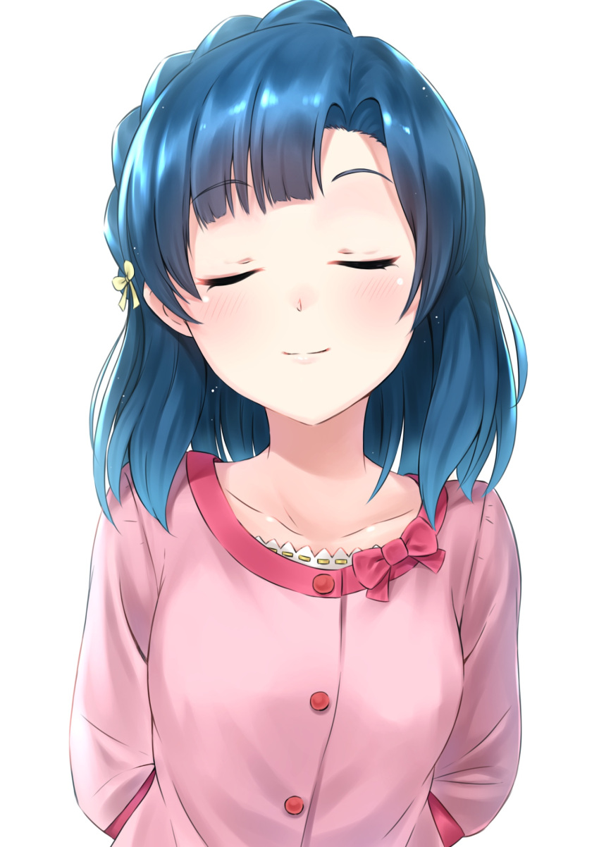 1girl bangs bashosho blue_hair blush bow breasts closed_eyes closed_mouth collarbone commentary_request eyebrows_visible_through_hair facing_viewer hair_bow head_tilt highres idolmaster idolmaster_million_live! long_sleeves medium_breasts nanao_yuriko pink_shirt shirt simple_background smile solo white_background yellow_bow