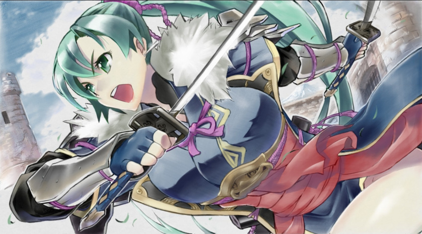 1girl arm_behind_back bangs blue_dress blue_gloves blue_sky breasts castle clouds day dress dual_wielding eyebrows eyebrows_visible_through_hair eyelashes fingerless_gloves fire_emblem fire_emblem:_kakusei fire_emblem:_rekka_no_ken fur_collar gloves green_eyes green_hair hair_between_eyes hair_intakes hanabusa_(xztr3448) highres holding holding_sword holding_weapon katana large_breasts long_hair lyndis_(fire_emblem) open_mouth outdoors ponytail purple_ribbon ribbon sash side_slit sky solo sword teeth vambraces weapon