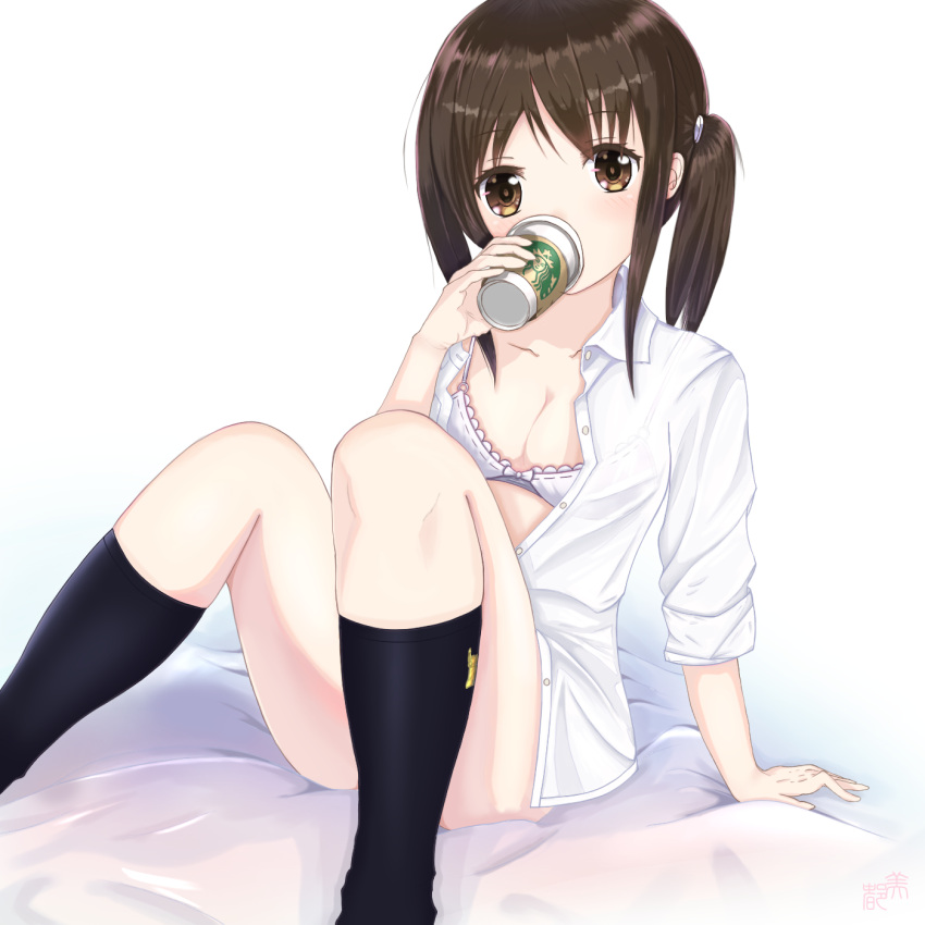 1girl arm_support bed_sheet black_legwear bra breasts brown_eyes brown_hair collared_shirt commentary_request convenient_leg drinking highres holding kneehighs looking_at_viewer no_pants shirt side_ponytail sidelocks sitting small_breasts solo unbuttoned unbuttoned_shirt underwear white_bra white_shirt