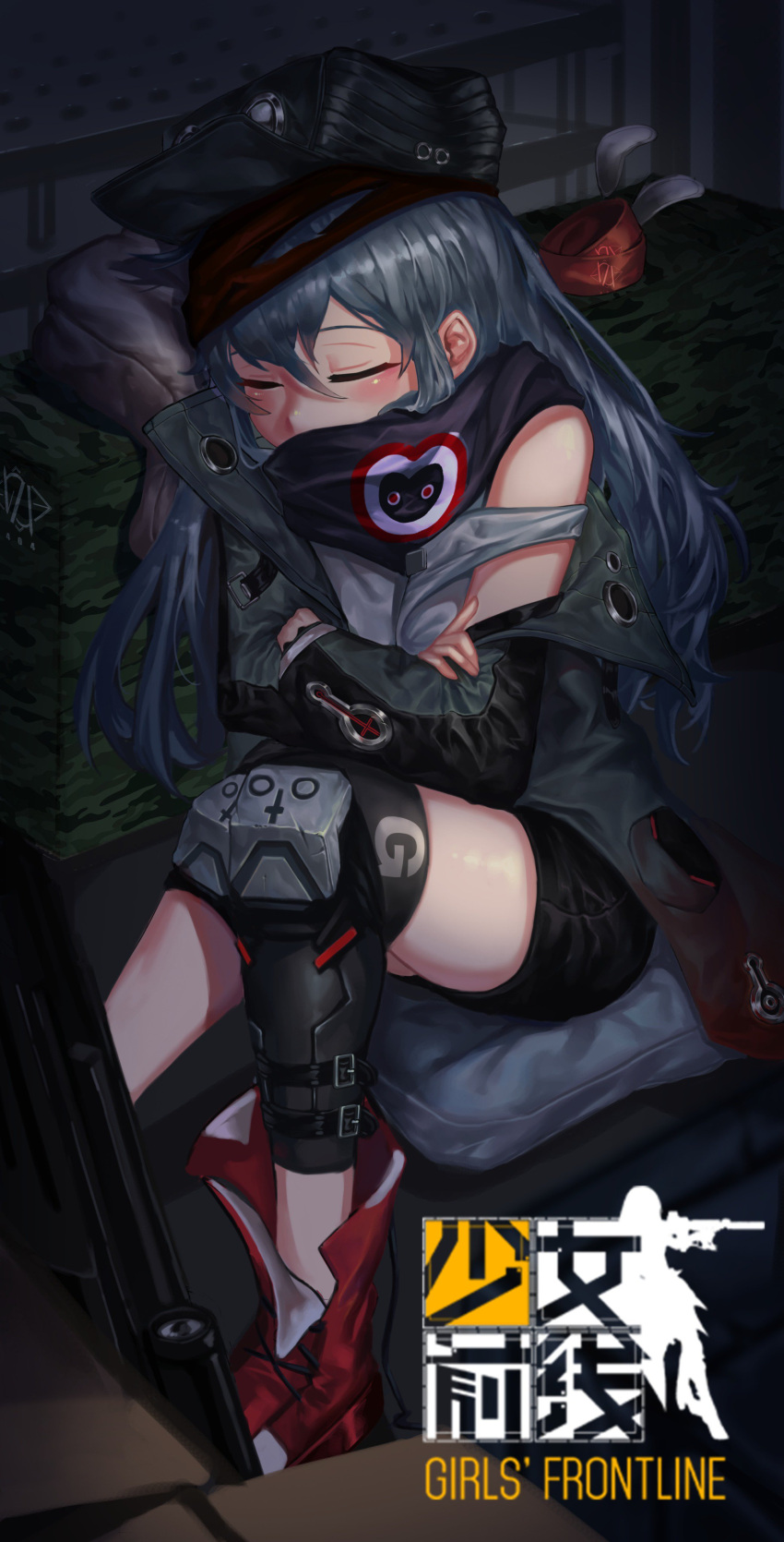 1girl absurdres ahoge armband assault_rifle bangs black_scarf blush boots buckle closed_eyes covered_mouth crossed_arms eyebrows_visible_through_hair g11 g11_(girls_frontline) girls_frontline green_jacket gun hair_between_eyes hat heckler_&amp;_koch highres jacket knee_boots knee_pads logo long_hair messy_hair off_shoulder open_clothes pillow red_footwear red_scarf rifle scarf scarf_on_head scope shirt shorts shoulder_cutout sidelocks silver_hair sitting sleeping solo strap thigh-highs thighs very_long_hair weapon white_shirt