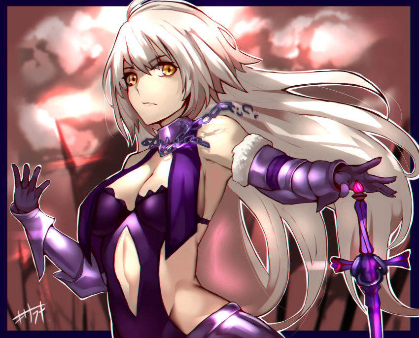 1girl absurdres breasts cleavage elbow_gloves eyebrows_visible_through_hair fate/apocrypha fate/grand_order fate_(series) gauntlets gloves highres jeanne_d'arc_(alter)_(fate) jeanne_d'arc_(fate)_(all) kisaragi_(legobionicle23) long_hair medium_breasts navel_cutout revealing_clothes sideboob silver_hair solo sword weapon yellow_eyes