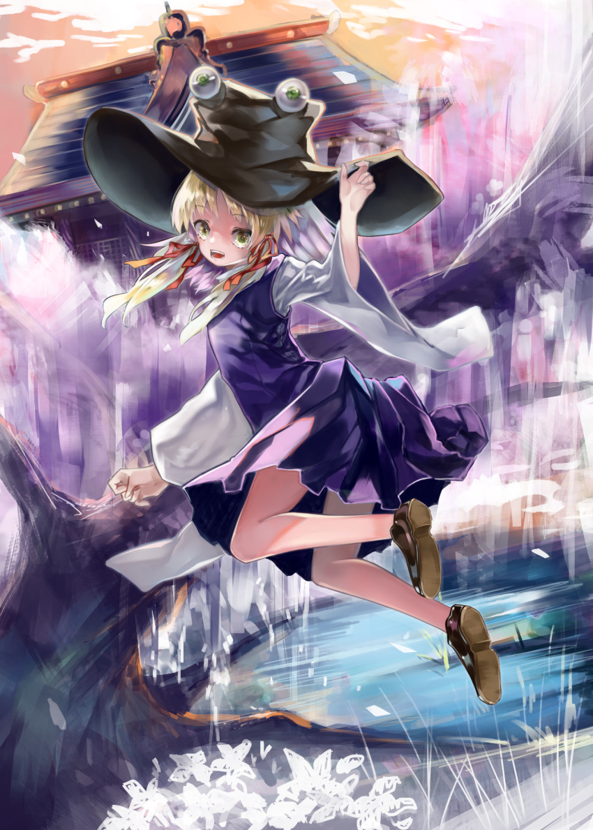 1girl abstract_background architecture blonde_hair blue_skirt blue_vest curled_fingers east_asian_architecture flower folded_leg full_body gradient_sky green_eyes hair_ribbon hand_on_headwear hat highres jumping lake loafers long_sleeves looking_at_viewer moriya_suwako open_mouth outdoors ribbon shoes short_hair shrine sidelocks skirt solo teeth touhou tree twilight vest wide_sleeves zhu_xiang