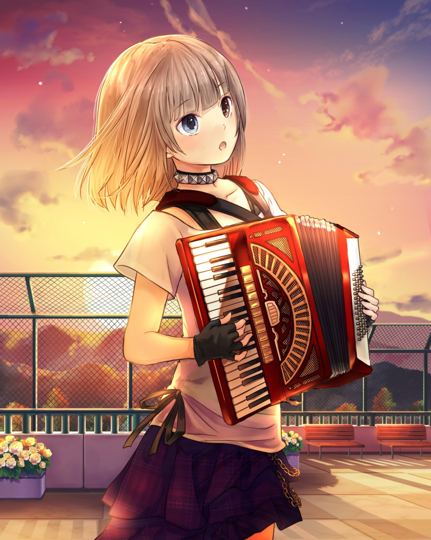 1girl absurdres accordion black_gloves black_ribbon blue_eyes brown_eyes brown_hair chains choker clouds collarbone cowboy_shot eyebrows_visible_through_hair fingerless_gloves gloves heterochromia highres holding holding_instrument instrument kishida_mel looking_up miniskirt music open_mouth outdoors playing_instrument pleated_skirt purple_skirt ribbon rooftop school_fanfare shirt short_sleeves skirt solo standing sunset twilight white_shirt