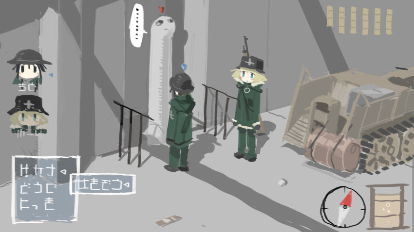 2girls barrel black_hair blonde_hair chito_(shoujo_shuumatsu_ryokou) compass fake_screenshot gameplay_mechanics heads-up_display helmet highres kettenkrad military military_uniform multiple_girls rifle_on_back shoujo_shuumatsu_ryokou statue tsukumizu_yuu uniform yuuri_(shoujo_shuumatsu_ryokou) |_|